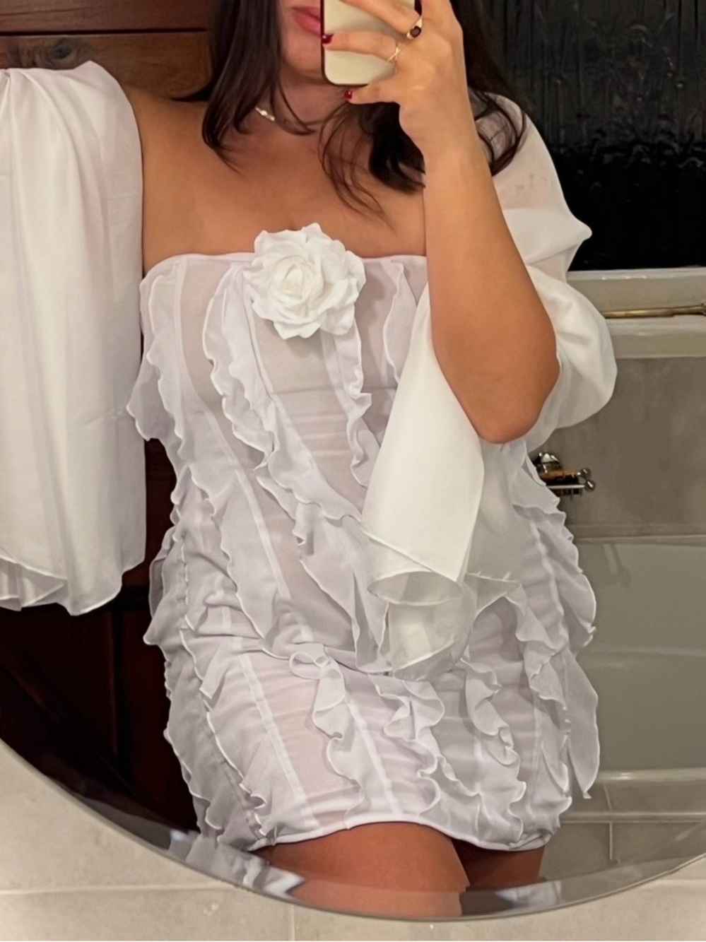 White Strapless Ruffled Mini Dress (flower accent, NOT included)
